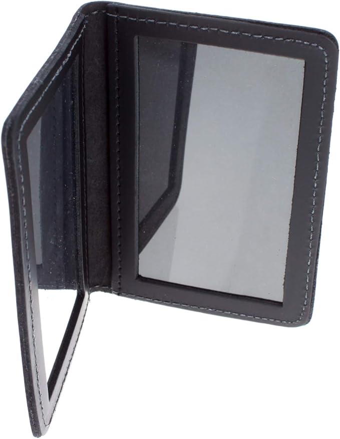 Leather Bifold Minimalist Double ID Card Credential Holder (Smooth Black)