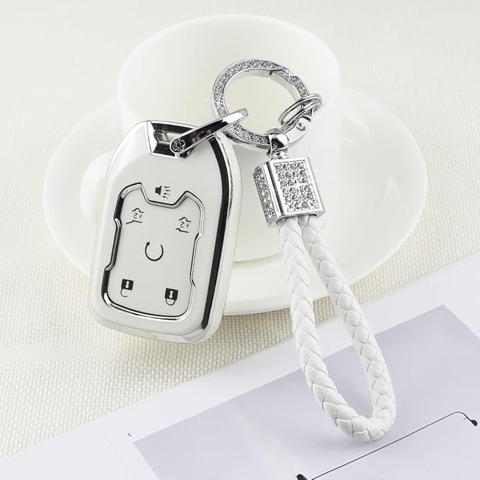 PIFOOG Key Cover for Chevy TPU Soft Car Keys Shell Protector with Glittering Car Keychain Accessories for Suburban Tahoe GMC Yukon Key Fob Girly Women Men White
