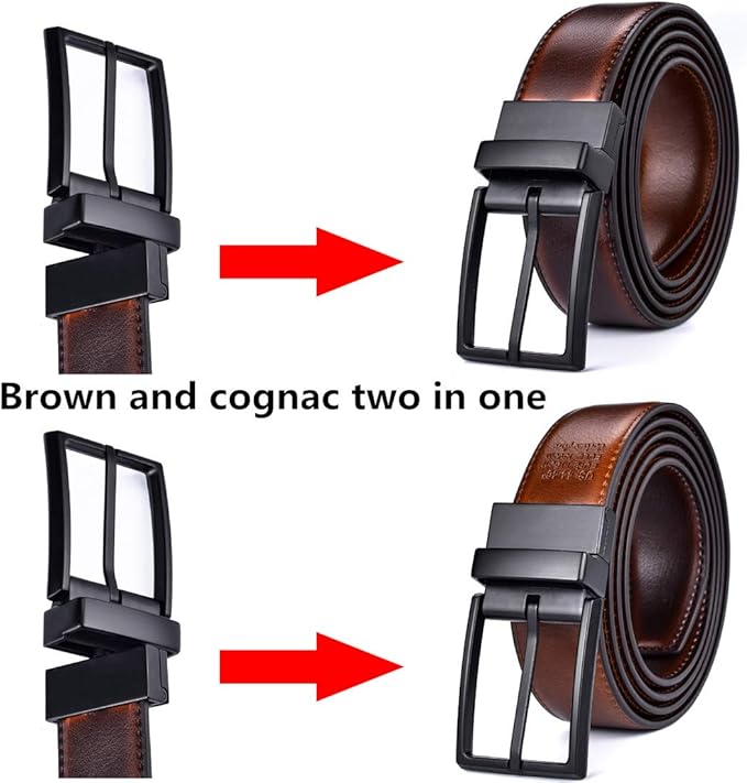 beltox fine Men's Dress Belt Leather Reversible 1.25" Wide Rotated Buckle Gift Box