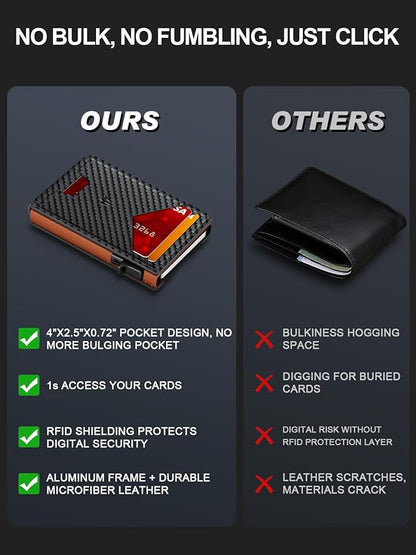 Wallet for Men, Slim Minimalist Wallet with Money Clip＆ID Window, RFID Blocking Pop-Up Credit Card Holder, Smart Auminum Mens Wallet Holds 9-13 Cards (Gift Box) (Carbon Fiber & Orange)