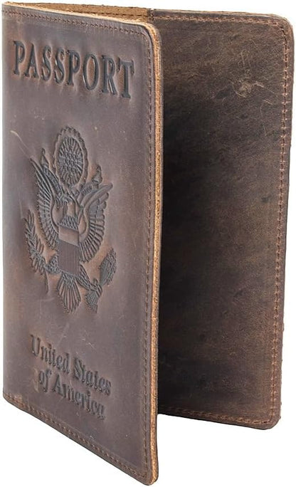 RFID Blocking Passport Holder Travel Wallet - Genuine Crazy Horse Leather for Men(Coffee)