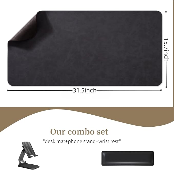 Leather Desk pad for Computer and laptops, Ideal for Gaming and Office use, Large Mouse pad and Keyboard mat,Desk mat Special for man. A complimentary Wrist pad and Phone Stand.(Black, 15.7"x 31.5")