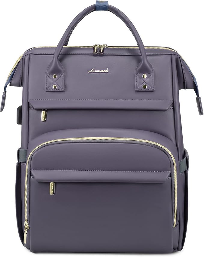 LOVEVOOK Leather Laptop Backpack for Women 18 inch,Travel Backpack Purse Nurse Teacher Backpack Computer Laptop Bag,Professional College Business Work Bags Carry On Backpack with USB Port,Grey Purple