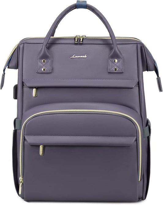 LOVEVOOK Leather Laptop Backpack for Women 18 inch,Travel Backpack Purse Nurse Teacher Backpack Computer Laptop Bag,Professional College Business Work Bags Carry On Backpack with USB Port,Grey Purple