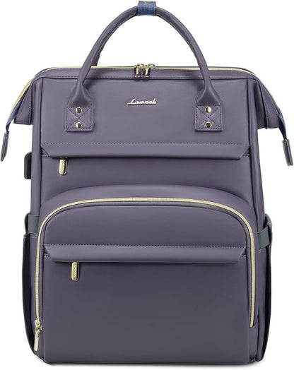 LOVEVOOK Leather Laptop Backpack for Women 17 inch,Travel Backpack Purse Nurse Teacher Backpack Computer Laptop Bag,Professional College Business Work Bags Carry On Backpack with USB Port,Grey Purple