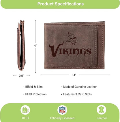 Team Sports America NFL Minnesota Vikings Front Pocket Slim Wallet for Men | Minimalist Leather RFID Blocking Bifold Card Holder with Money Clip | Officially Licensed Stamped Logo
