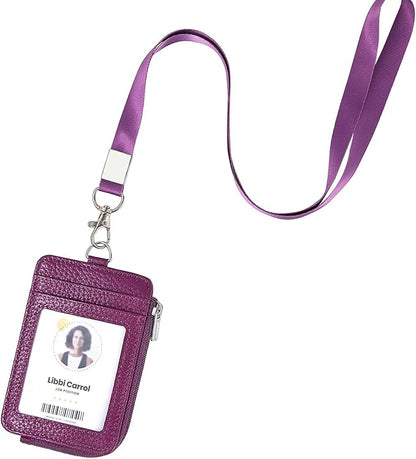 Badge Holder – Genuine Leather ID Badge Holder with Zipper Pocket and Nylon Lanyard – Perfect for Badges, Cards, and More