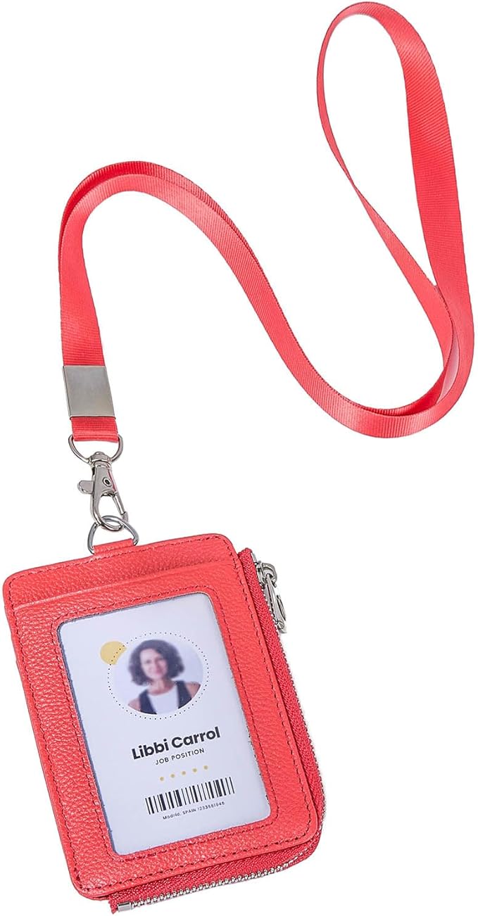 Badge Holder – Genuine Leather ID Badge Holder with Zipper Pocket and Nylon Lanyard – Perfect for Badges, Cards, and More