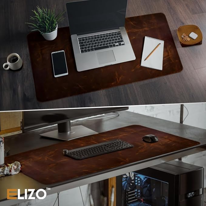 Elizo Real Leather Desk Mat Set (32x16) Large Desk Cover Desk Blotter Protector Computer Gaming Mouse Pad Table Laptop Office Desktop Accessories