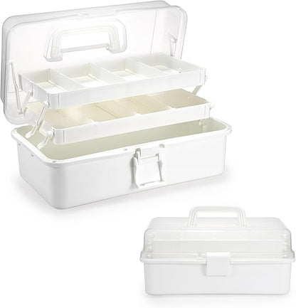 BTSKY 3-Layer Plastic Dividing Storage Box Craft Organizer with Adjustable Spacers Portable Handled Art Supply Organizer Multipurpose Home Utility Box for Medicine Box Sewing Box (Beige White)