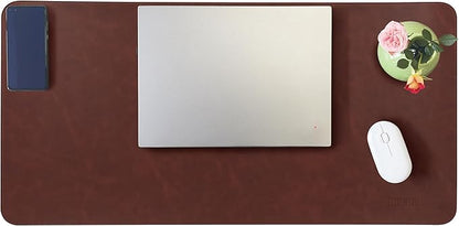 Leather Desk Mat, 31.5"x15.7" Non-Slip PU Leather Desk Pad, Thick Desk Blotter with Stitched Edge, Retro Large Mouse Pad, Laptop Pad for Office & Home Use (Brown)