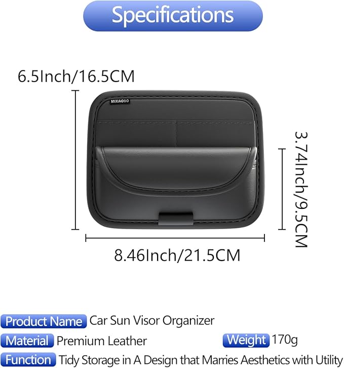 Car Sun Visor Organizer, Car Sunglasses Holder with Adjustable Elastic Strips, Sunvisor Storage with Card Sleeve, Leather Visor Accessories for Sunglasses Pen Drivers License Key