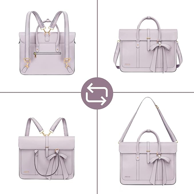 MOSISO Laptop Bag for Women, 17 inch PU Leather Laptop Shoulder Bags Convertible Backpack, 17.3 inch Messenger Bags Casual Handbag Work Briefcase Travel Computer Bag with Bowknot, Dusty Lilac
