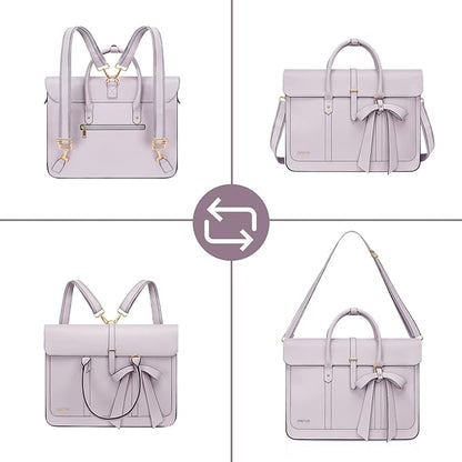 MOSISO Laptop Bag for Women, 13-14 inch PU Leather Laptop Shoulder Bags Convertible Backpack, 13.3 inch Messenger Bags Casual Handbag Work Briefcase Travel Computer Bag with Bowknot, Dusty Lilac