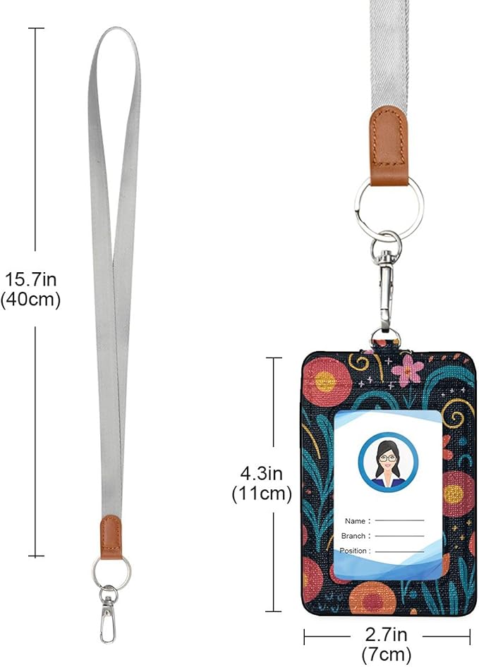 Badge Holder, Abstract Floral PU Leather School College Business ID Badge Card Holder Wallet Case with 1 Clear Window, 2 Credit Card Slots and Detachable Neck Lanyard - Vertical