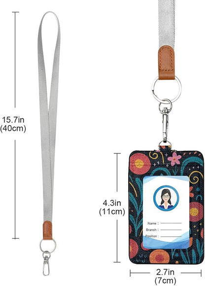 Badge Holder, Abstract Floral PU Leather School College Business ID Badge Card Holder Wallet Case with 1 Clear Window, 2 Credit Card Slots and Detachable Neck Lanyard - Vertical