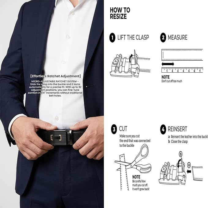 JINIU Men's Ratchet Belt Buckle, Black Genuine Leather Slide Belt for Men Dress Suit, Micro Adjustable Trim to Fit Boxed