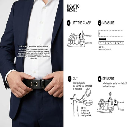 JINIU Men's Ratchet Belt Buckle, Black Genuine Leather Slide Belt for Men Dress Suit, Micro Adjustable Trim to Fit Boxed