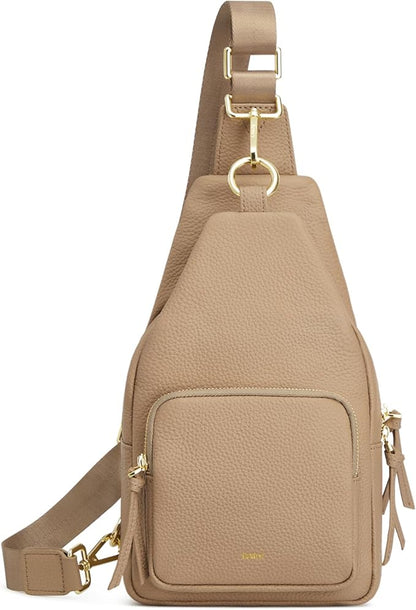 Kattee Small Sling Bag for Women, Leather Fanny Packs Crossbody Purse, Chest Bag for Travel with RFID Blocking, Tan