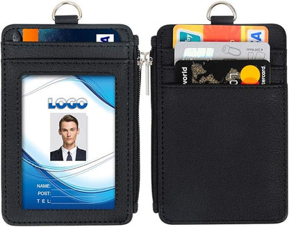 Badge Holder with Zipper, Life-Mate PU Leather ID Badge Card Holder Wallet Case with 5 Card Slots Zipper Pocket 19" Polyester Neck Lanyard Heavy Duty Metal Retractable Badge Reel (Black)
