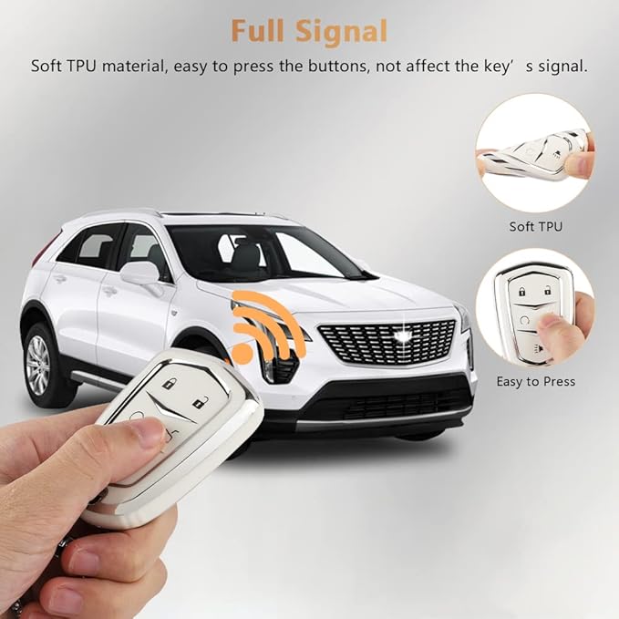 PIFOOG Key Fob Cover for Cadillac SRX CTS CT6 XTS XT5 XT6 XT4 ATS Accessories TPU 5 Button Keys Case Shell Protecor Glitter Car Keychain Girly Women White Silver