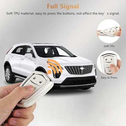 PIFOOG Key Fob Cover for Cadillac SRX CTS CT6 XTS XT5 XT6 XT4 ATS Accessories TPU 5 Button Keys Case Shell Protecor Glitter Car Keychain Girly Women White Silver