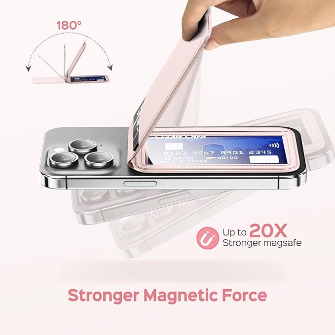 QYQBOON Mag-Safe Wallet for Women Strongest Magnetic Lightweight Phone Wallet Stand Adjustable Leather Card Holder for iPhone 17/16/15/14/13/12 Series, Not for iPhone 13/12 Mini (Pink)