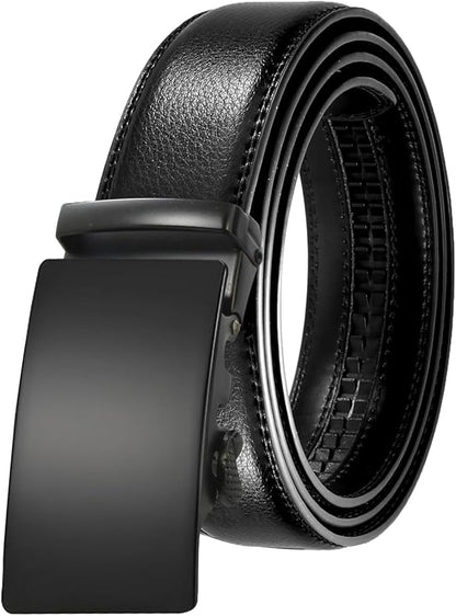 JINIU Men's Ratchet Belt Buckle, Black Genuine Leather Slide Belt for Men Dress Suit, Micro Adjustable Trim to Fit Boxed