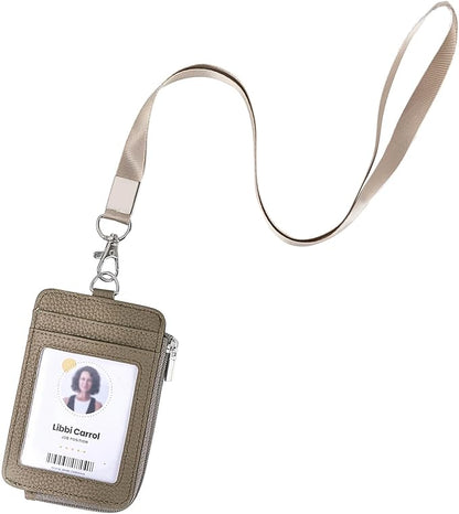 Badge Holder – Genuine Leather ID Badge Holder with Zipper Pocket and Nylon Lanyard – Perfect for Badges, Cards, and More