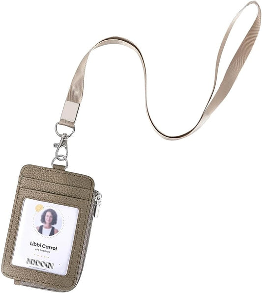 Badge Holder – Genuine Leather ID Badge Holder with Zipper Pocket and Nylon Lanyard – Perfect for Badges, Cards, and More