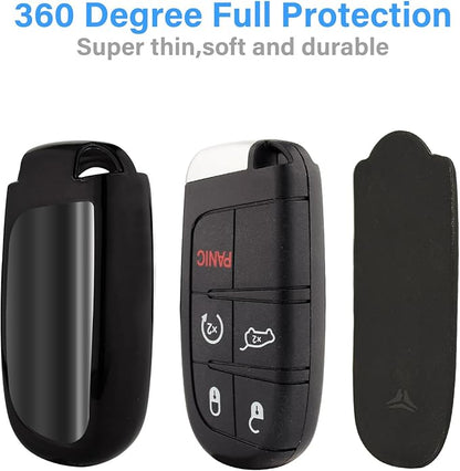 XIYANG TRADE for Jeep Key Fob Cover with Keychain,Soft TPU Key Case Shell Full Protection for Grand Cherokee Renegade Chrysler 200 300 Dodge RAM Durango Challenger Journey Dart Compass Charger(Black)