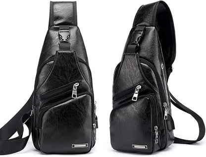Peicees Leather Sling Bag Mens Crossbody Bag Chest Bag Sling Backpack for Men with USB Charge Port