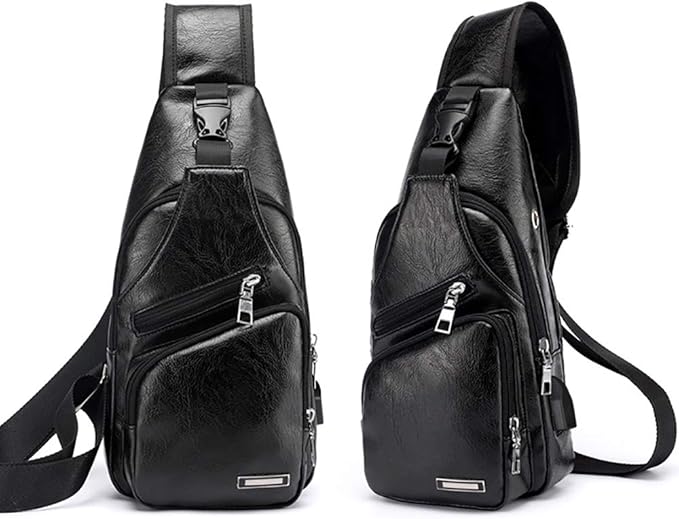Peicees Leather Sling Bag Mens Crossbody Bag Chest Bag Sling Backpack for Men with USB Charge Port