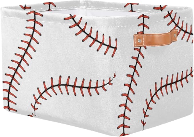 AUUXVA Baseball Stitches Laces Softball Storage Basket - Large Fabric Bin With Handles for Toys, Collapsible Closet Shelf Cloth Organizer for Nursery Bedroom, 2 PCS