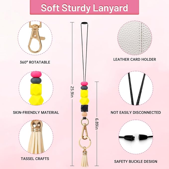 Teacher Lanyards for ID Badges - Teacher Lanyard with ID Holder, Silicone Beaded Breakaway Leather Tassel Keychain Accessories, Appreciation Gifts for Women Employee(Pink Beige)