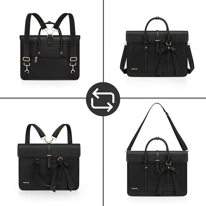 MOSISO Laptop Bag for Women, 13-14 inch PU Leather Laptop Shoulder Bags Convertible Backpack, 13.3 inch Messenger Bags Casual Handbag Work Briefcase Travel Computer Bag with Bowknot, Black