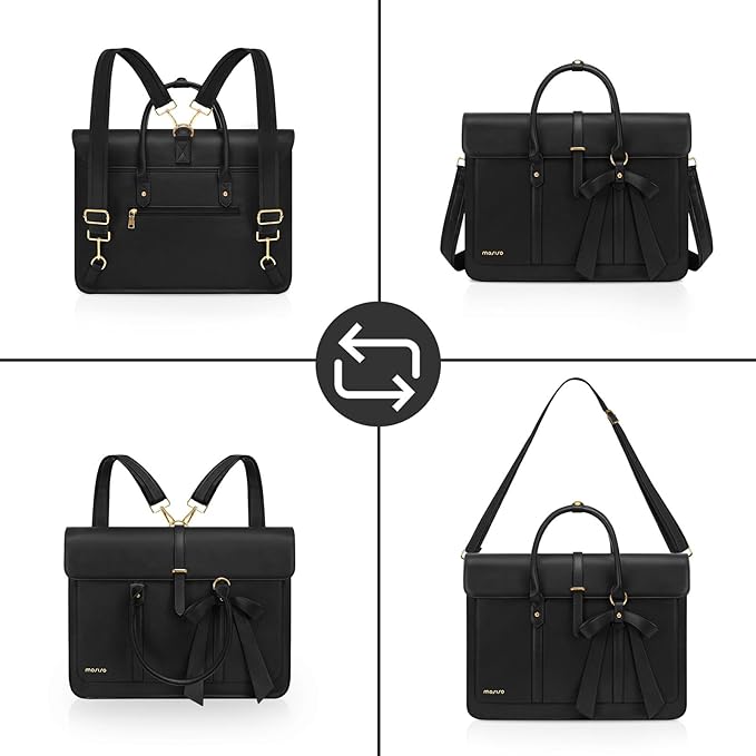 MOSISO Laptop Bag for Women, 17 inch PU Leather Laptop Shoulder Bags Convertible Backpack, 17.3 inch Messenger Bags Casual Handbag Work Briefcase Travel Computer Bag with Bowknot, Black