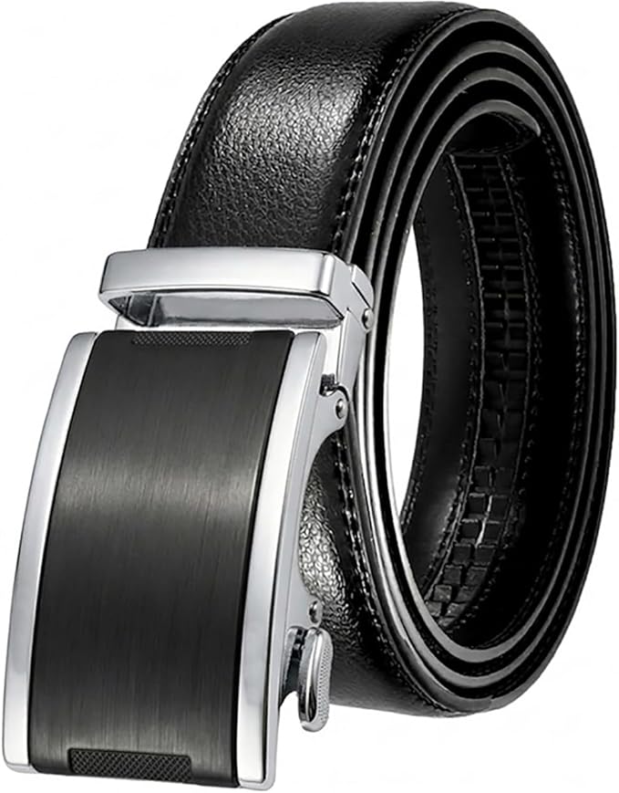 JINIU Men's Ratchet Belt Buckle, Black Genuine Leather Slide Belt for Men Dress Suit, Micro Adjustable Trim to Fit Boxed