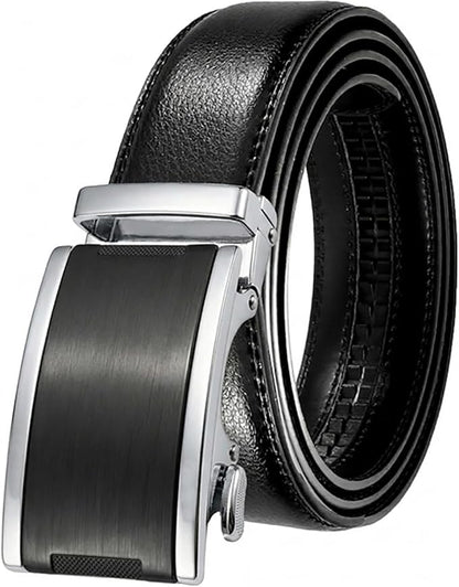 JINIU Men's Ratchet Belt Buckle, Black Genuine Leather Slide Belt for Men Dress Suit, Micro Adjustable Trim to Fit Boxed