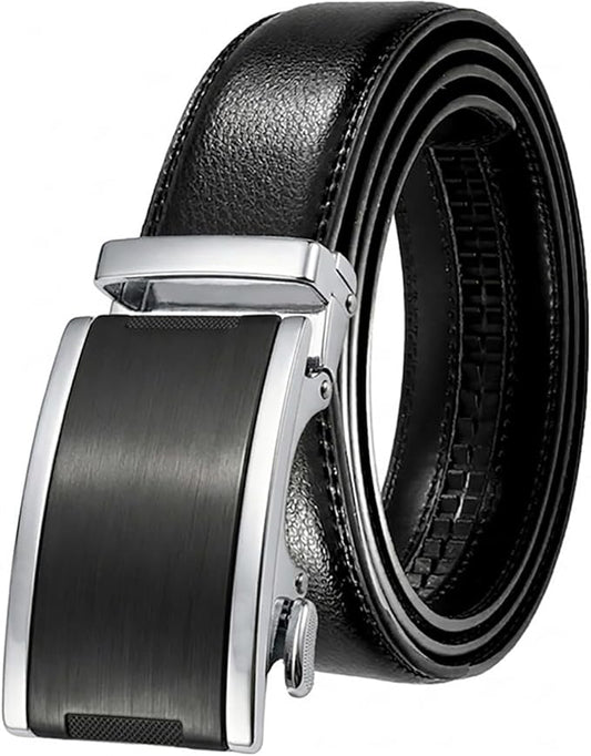 JINIU Men's Ratchet Belt Buckle, Black Genuine Leather Slide Belt for Men Dress Suit, Micro Adjustable Trim to Fit Boxed