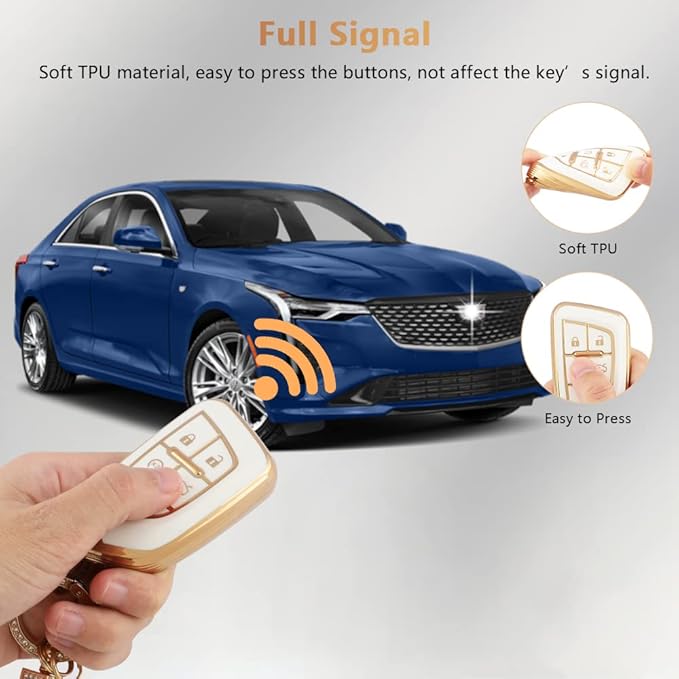 PIFOOG for Cadillac Key Fob Cover CT5 CT4 CT4-V Accessories 5 Buttons Soft TPU Car Smart Keys Shell Case Protector Full Covers Bling Keychain Lanyard Girly Women Cute White Gold