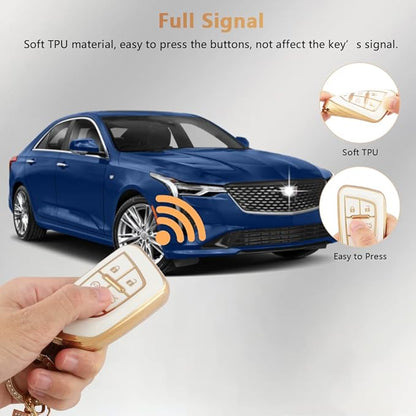 PIFOOG for Cadillac Key Fob Cover CT5 CT4 CT4-V Accessories 5 Buttons Soft TPU Car Smart Keys Shell Case Protector Full Covers Bling Keychain Lanyard Girly Women Cute White Gold