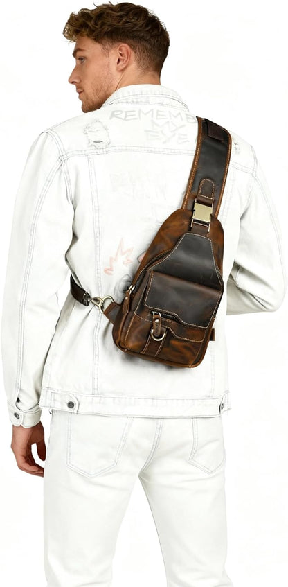 Genuine Leather Hiking Travel DayPack Sling Crossbody Triangle Chest Pack Bag For Men Women 8241 (8241 Brown)