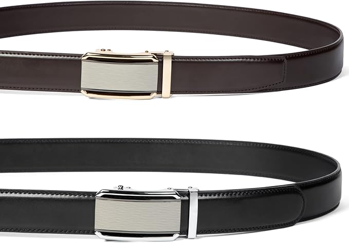 2 Pack Ratchet Belt 1 3/8", Mens leather Dress Belt in Gift Set Size 28"-62" Adjustable waist Trim to Fit