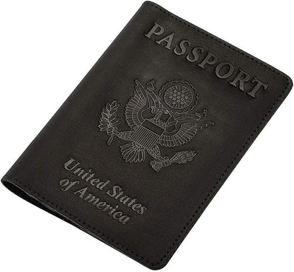 Genuine Leather Passport Holder Travel Wallet RFID Passport Cover Case for Women Men (Black)