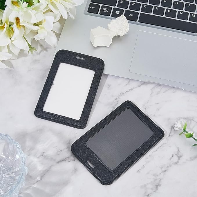 2PCS PU Leather Vertical Badge Holder Black Leather ID Card Case Waterproof Photocard Protector Sided Name Badge Pouch with Clear Window for Office Staff Students School Driver's Licenses
