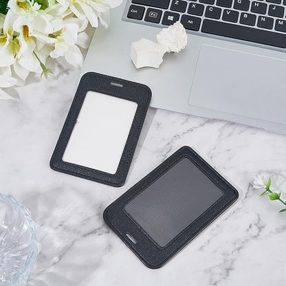 2PCS PU Leather Vertical Badge Holder Black Leather ID Card Case Waterproof Photocard Protector Sided Name Badge Pouch with Clear Window for Office Staff Students School Driver's Licenses