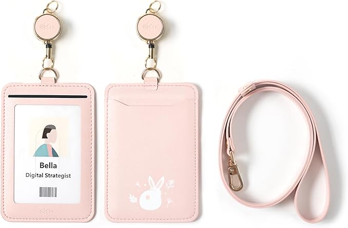 EKAX ID Badge Holder with Adjustable Lanyard & Retractable Badge Reel Clip, Double-Sided Card Holder for Office, Bus Pass, Student, Nurse, Police, Teacher-Rabbit Tail