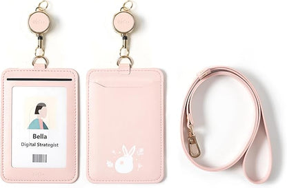 EKAX ID Badge Holder with Adjustable Lanyard & Retractable Badge Reel Clip, Double-Sided Card Holder for Office, Bus Pass, Student, Nurse, Police, Teacher-Rabbit Tail