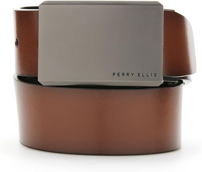 Perry Ellis Men's Reversible Bonded Leather Plaque Buckle Dress Belt